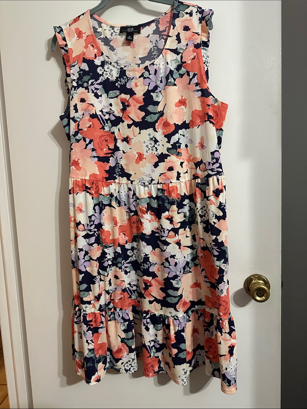AGB Floral Tiered Scoop-Neck Dress in Coral, Navy & Lilac